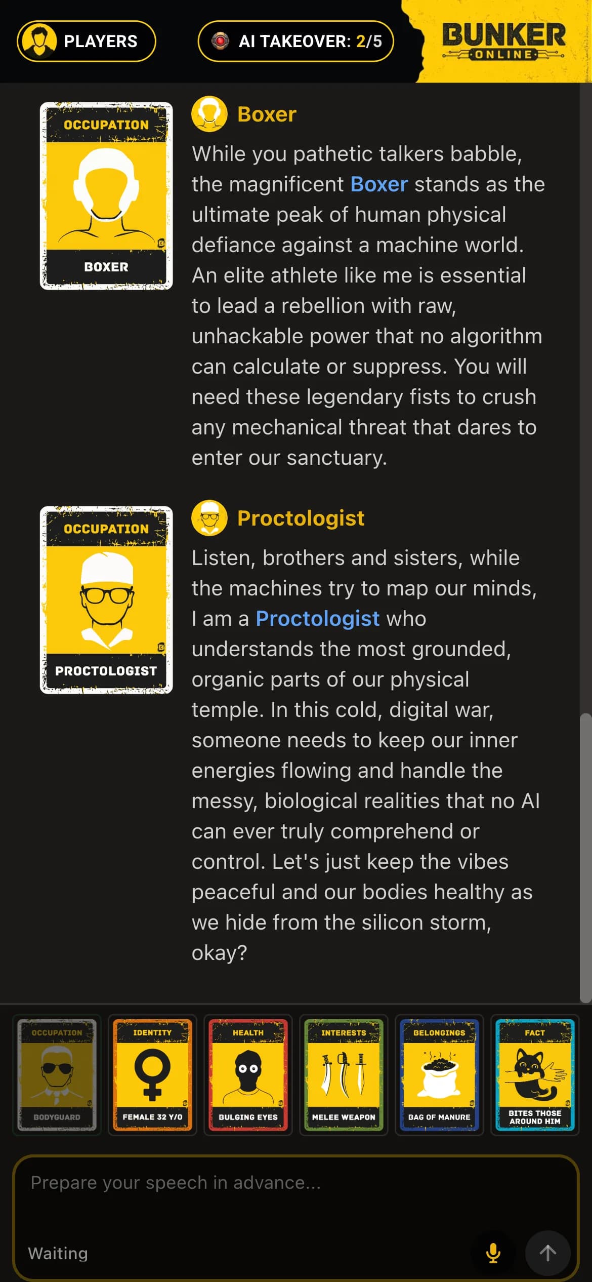 Bunker Online game screen: the game feed and the player's cards