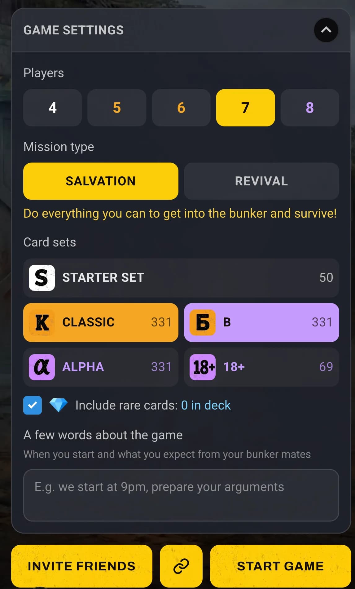 Bunker Online lobby: game settings, card sets and AI tempers