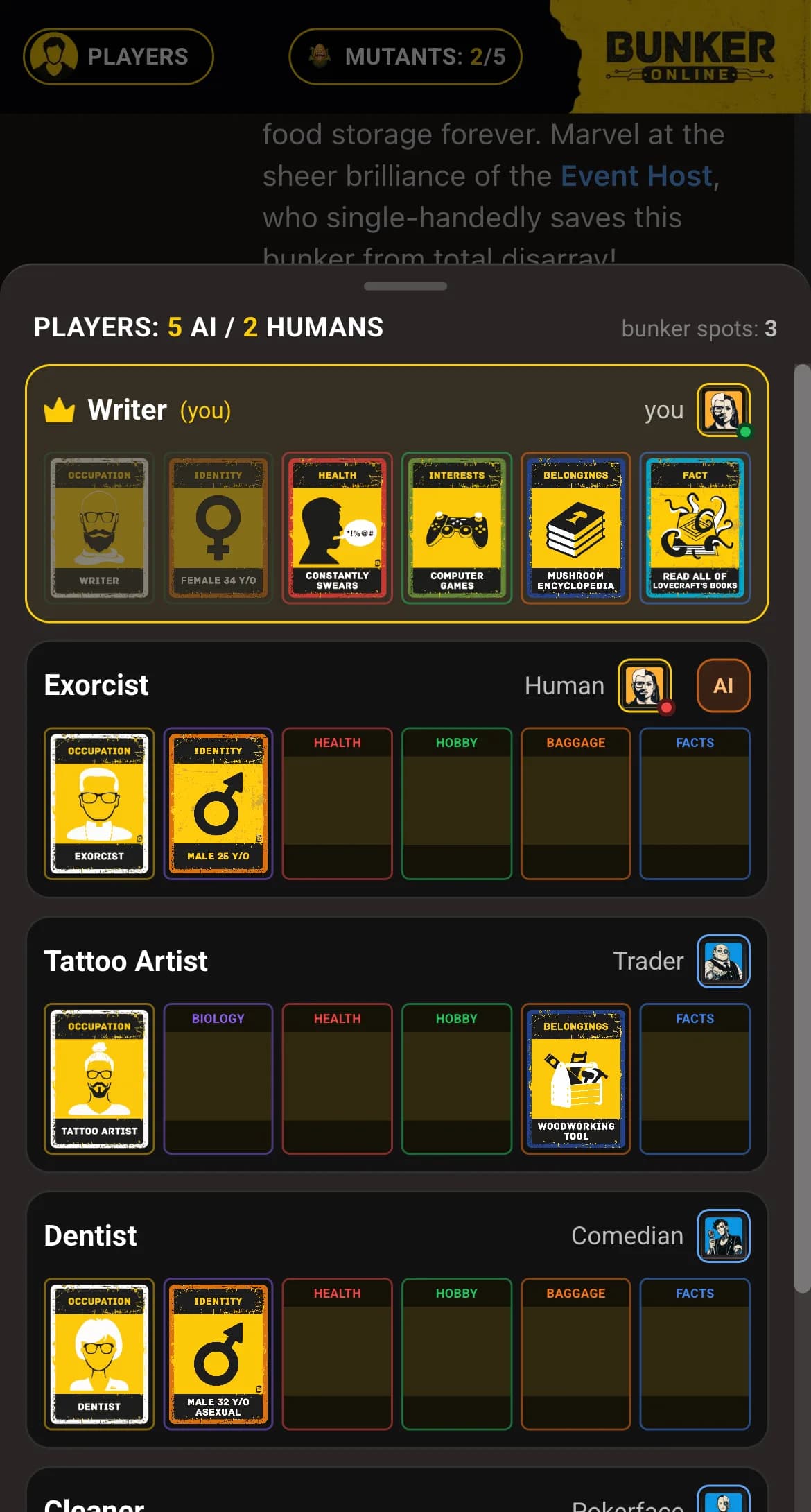 The «Players» sheet in Bunker Online: the hands of everyone at the table