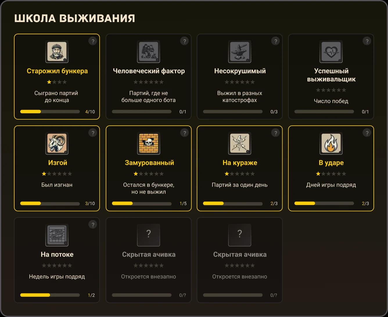 Достижения игрока — категория «Школа выживания»